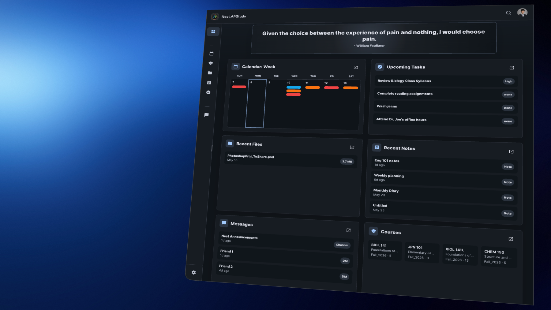 Nest.APStudy interface preview with calendar, tasks, courses, notes, files, and chat panels